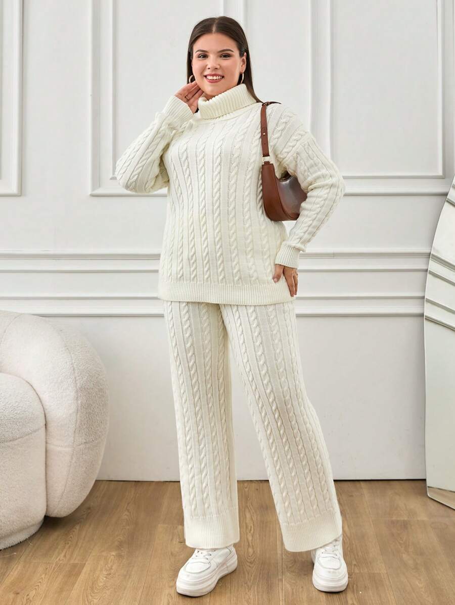 RueChic Plus Cable Knit 2 Piece Sweater And Pants - White - View 1