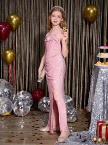 SHEIN 少女优雅露背高腰长裙，大腿高开衩，适合舞会、圣诞节、万圣节、复活节等节日 - 粉色 - 查看 5