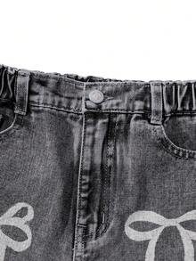 女童复古 Y2K 可爱蝴蝶结印花宽松舒适水洗浅蓝色牛仔直筒牛仔裤 - 黑色 - 查看 5