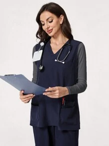 TaskEZ Solid Color Patchwork V-Neck Long Sleeve Simple Scrub Uniform Top - Navy Blue - View 1