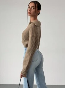 Aloruh New High Collar Loose Fit Cozy Pullover V-Neck Knitted Sweater - Khaki - View 3