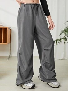 SHEIN Teen Girl's Solid Dark Grey Loose Fit Low Waist Elastic Waistband Ankle Length Pants - Grey - View 4