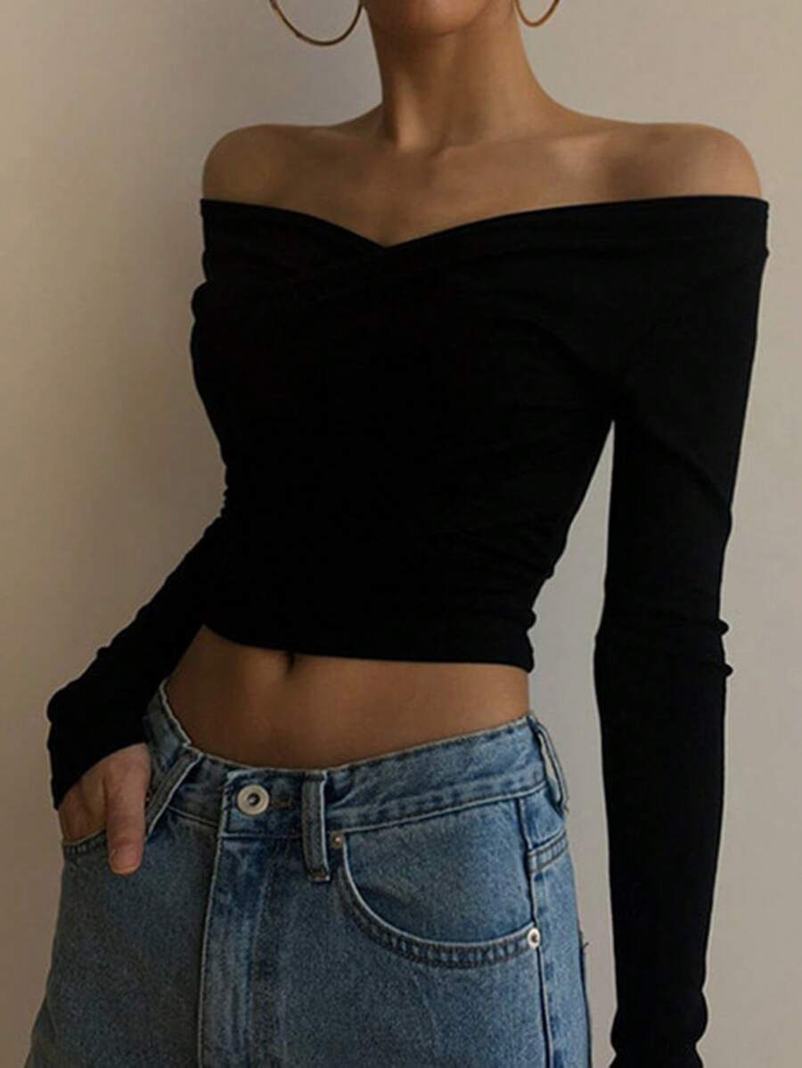 DAZY Áo thun trơn màu trơn hở vai thời trang xuân thu Y2k cho nữ, Áo dài tay cho nữ khi trở lại trường, Áo crop top cho nữ mùa thu - màu đen - Xem 1