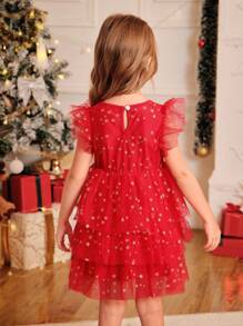 Girls Classic Red Star Puff Dress, This Red Star Dress Lets The Child Step Into A Fairytale World, The Layered Puff Skirt Along With Golden Stars Showcases A Dreamy Princess Vibe, Very Suitable For Holiday Or Party Occasions - Dark Green - View 2