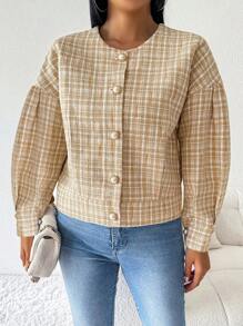 Chiquease Women's Large Metal Pearl Button Casual Plaid Jacket - Khaki - View 4