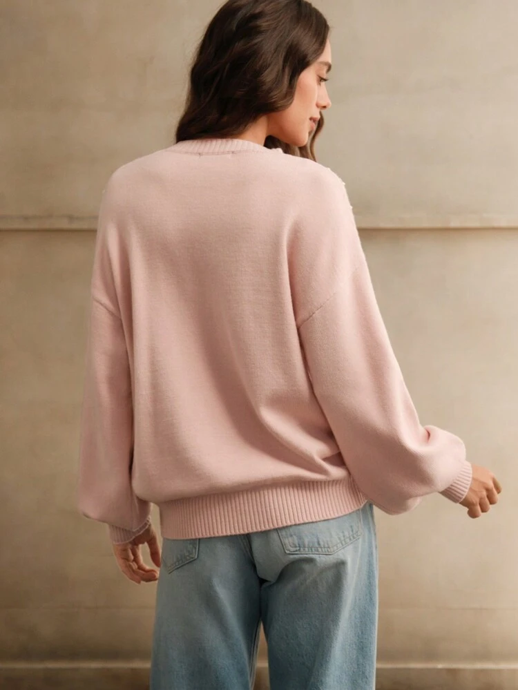 Jersey de cuello redondo de manga larga con lentejuelas y cuentas de perlas falsas, jersey de punto para otoño e invierno