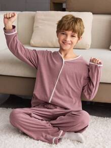 2 件青少年男孩优雅条纹睡衣套装，粉色长袖衬衫和裤子，舒适家居服 - 粉色 - 查看 1