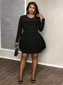 Slaydiva Plus Size Solid Color Knit Ruffle Trim Elegant Dress