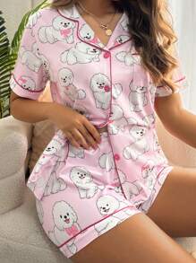 SweetSlumber 2 piezas Conjunto de pijama casual con collar lindo de cachorro para mujer