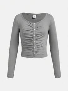 SHEIN Teen Girls Plain Knitted Ribbed Decorative Button Crew Neck Ruched Long Sleeve Casual T-Shirt - Grey - View 1