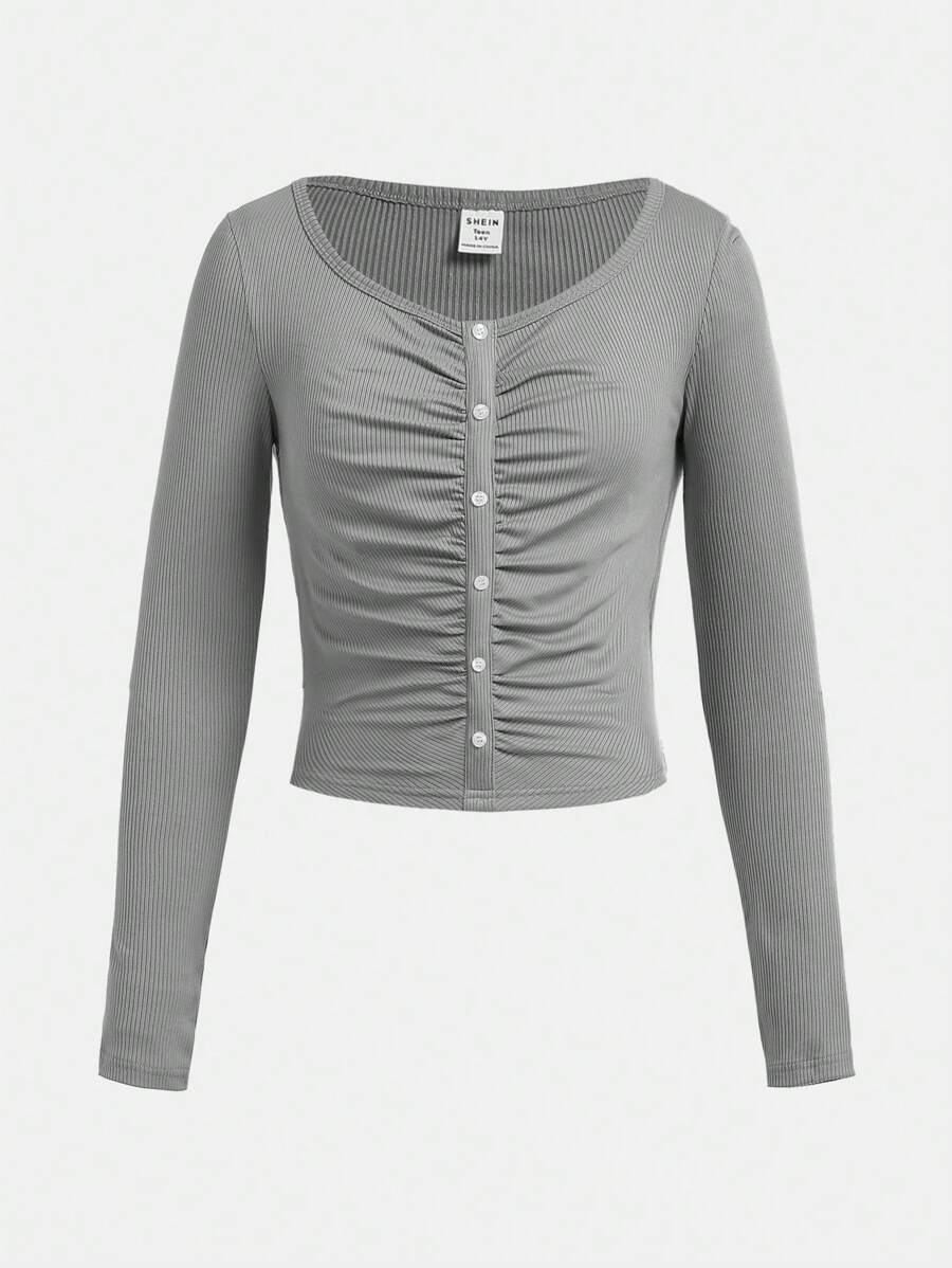 SHEIN Teen Girls Plain Knitted Ribbed Decorative Button Crew Neck Ruched Long Sleeve Casual T-Shirt - Grey - View 1