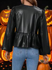 SHEIN Clasi Women Fashion PU Bow Long Sleeve Blouse, Autumn