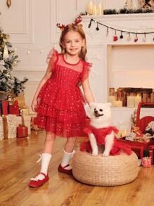 Girls Classic Red Star Puff Dress, This Red Star Dress Lets The Child Step Into A Fairytale World, The Layered Puff Skirt Along With Golden Stars Showcases A Dreamy Princess Vibe, Very Suitable For Holiday Or Party Occasions - Dark Green - View 7