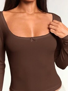 Forever 21 女士纯色方领蝴蝶结装饰长袖修身 T 恤，春夏 - 棕色 - 查看 4