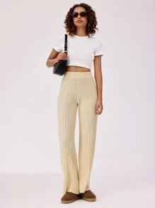 Forever 21 女士修身直筒休闲时尚百搭秋冬杏色高腰毛呢长裤 - 杏色 - 查看 4