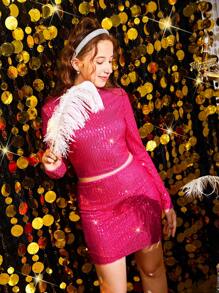 SHEIN 2pcs/Set Teen Girl's Fuchsia Sequin Decorated Elegant Party Crop Top And Mini Skirt Outfit - Hot Pink - View 12