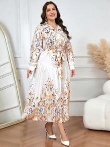 Mulvari Plus Size Long Sleeve Waist Tie Casual Loose Floral Print Dress