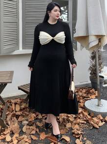 Dazy Plus Plus Size Bow Accent Long Slim Bodycon Dress,Fall Clothes Long Sleeve Dress Maxi Dress - Black - View 6