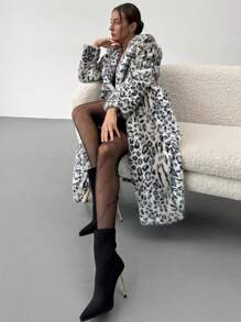 Aloruh Nuevo abrigo maxi esponjoso y cálido de estampado de leopardo sexy con cuello esponjoso, para otoño e invierno