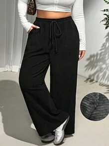 SHEIN CURVE+ Quần dài thường ngày màu đen vải nhung kẻ có họa tiết co giãn cạp chun cỡ lớn mùa thu - màu đen - Xem 5