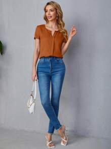 SHEIN LUNE Áo cánh dệt kim cổ chữ V tay ngắn mùa hè cho nữ - Rỉ Nâu - Xem 4