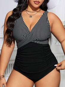Shapewave Plus Size Women's Striped Criss-Cross Front One-Piece Swimsuit, Tummy Control Beach Outfit Bathing Suit Summer,Summer Beach
