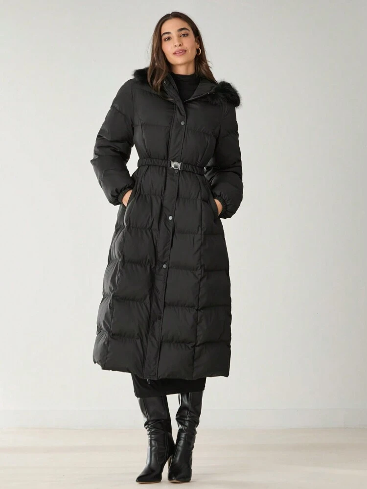 Women's Black Long-Sleeved Fur Collar Hat, Fluffy Hooded Fast-Waisted Casual Thick Coat, Striped Decoration, Daily And Work,Fall Women Clothes,Winter Women Coats