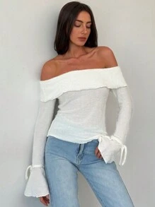 Aloruh New Off Shoulder Textured Fabric Flare Sleeve Decor Thermal Base Layer T-Shirt For Fall & Winter - Apricot - View 6