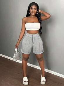 Slaydiva 夏季休閒運動前襟牙籤褶皺設計五分褲單車褲運動褲淺灰色女式短褲 - 淺灰色 - 查看 3