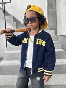 Young Boy Simple Stylish Letter Printed Ribbed Stitching Denim Jacket, Autumn/Winter - Dark Wash - View 1
