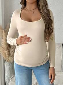 SHEIN 孕妇秋季简约纯色圆领褶皱修身长袖T恤 - 杏色 - 查看 3