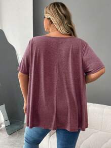 SHEIN CURVE+ 大码纽扣细节不对称下摆 T 恤 - 乾枯玫瑰色 - 查看 7