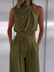 Firerie 2 件女式无袖高领上衣和阔腿裤套装 - 軍綠色 - 查看 2