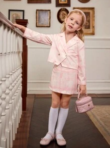 SHEIN 2pcs Young Girl Elegant Plaid Knitted Long Sleeve Blazer Jacket + Mini Skirt Set, Spring Autumn Casual Outfit - Baby Pink - View 6