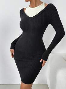 Chiquease Women's Round Neck Color Block Long Sleeve Fitted Cute Gentle Elegant Sweater Dress Fall Cloth For Women - Black - View 4