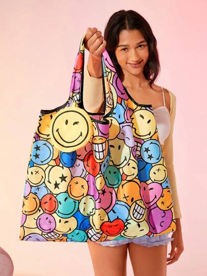 SmileyWorld® | SHEIN Smile Cartoon Printed Foldable Reusable Shopping Bag