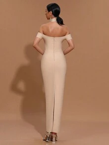 Modphy 新款女款黑色性感露肩奢華鑽飾修身長版抹胸洋裝，適合婚禮、伴娘、晚宴、正式場合 - 杏色 - 查看 2