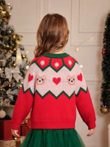 Maglione natalizio per giovani ragazze con disegni di orso, cuore, disegno Fair Isle e pompon - morbido, caldo, confortevole, collo equipaggio, manica raglan per vacanze, feste, strati - maglione lavorato a maglia per autunno/inverno