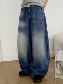 DAZY 女式不对称做旧洗水宽松牛仔裤 - 中等水洗藍 - 查看 3