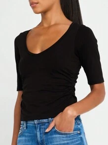 INAWLY Women's Solid Color V-Neck Short Sleeve Casual T-Shirt, Spring Summer - Black - View 4