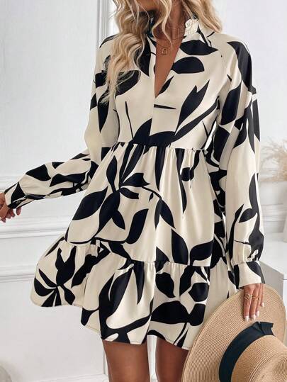 Breezaya V-Neck Patchwork Floral Commuter Dress For Women Fall Cloth For Women