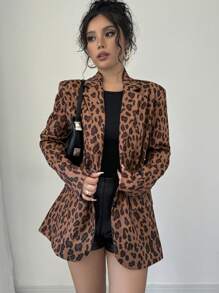 SHEIN Privé Áo khoác Blazer thời trang họa tiết da báo dài tay ve khía thu đông cho nữ - Nhiều màu - Xem 7
