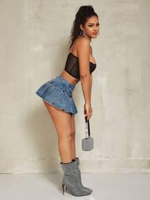 SHEIN SXY Summer Casual Ruched Mini Denim Skirt