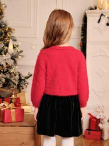 SHEIN Young Girl Round Neck Long Sleeve Fleece Graphic Print Dress, Autumn/Winter, For Christmas - Red - View 2