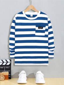 SHEIN Tween Boy 休闲条纹 T 恤适合通勤、上学、日常休闲、旅行、运动，适合秋季 (9) 和冬季 (2) 季节，白色 - 藍色 - 查看 1