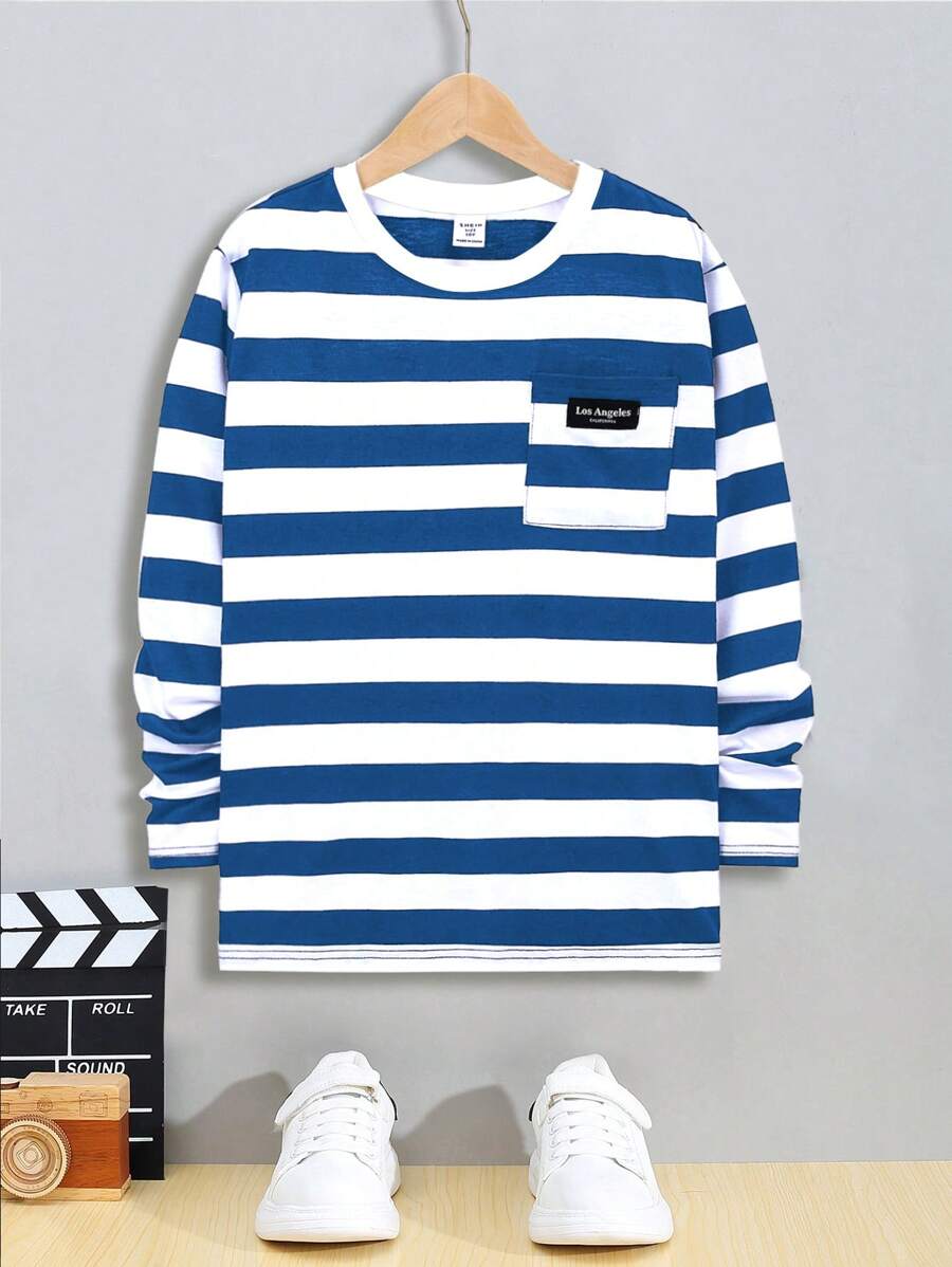 SHEIN Tween Boy 休闲条纹 T 恤适合通勤、上学、日常休闲、旅行、运动，适合秋季 (9) 和冬季 (2) 季节，白色 - 藍色 - 查看 1