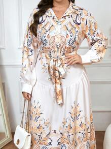 Mulvari Plus Size Long Sleeve Waist Tie Casual Loose Floral Print Dress