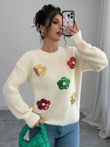 Chiquease Jersey de cuello redondo con patchwork de lentejuelas