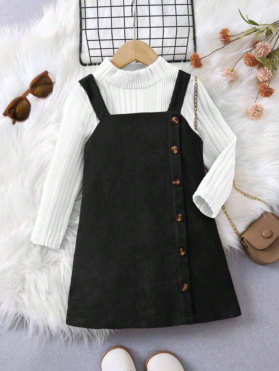 SHEIN Young Girl's Asymmetric Strap Dress And Stand Collar Long Sleeve Ribbed T-Shirt Casual Set - Black and White - View 1