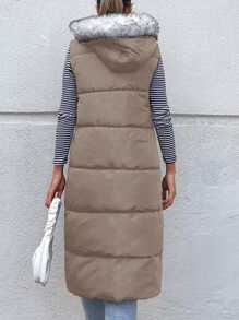 EURMUSE Plush Hooded Sleeveless Padded Coat - Mocha Brown - View 2